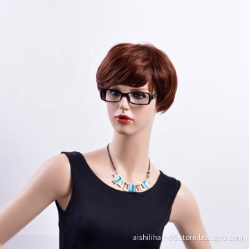 Wholesale cheap short synthetic shaggy natural straight wig of light brown with bangs for sport women